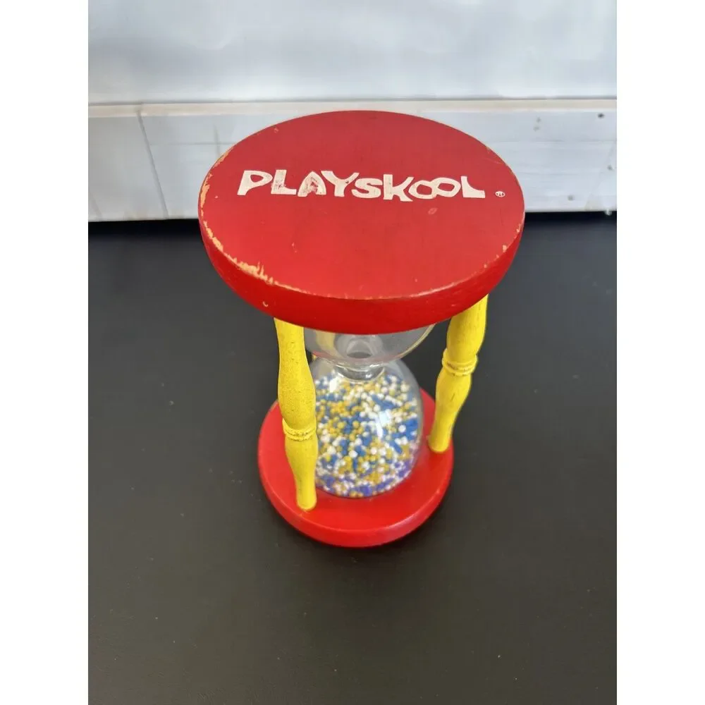 Vintage 1970's Playskool Wooden Hourglass Children Rattle w/ Colorful Beads